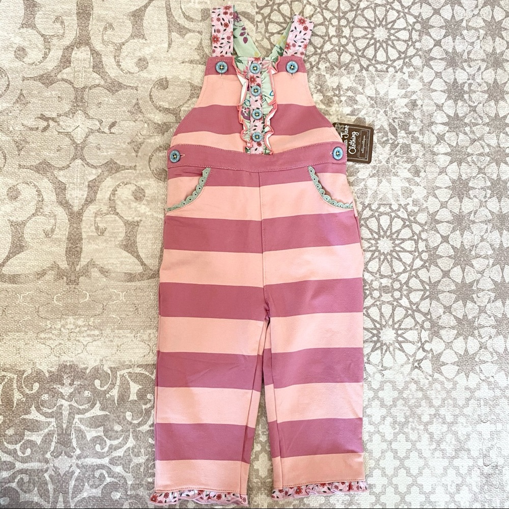 Matilda Jane World Traveler pink striped overalls